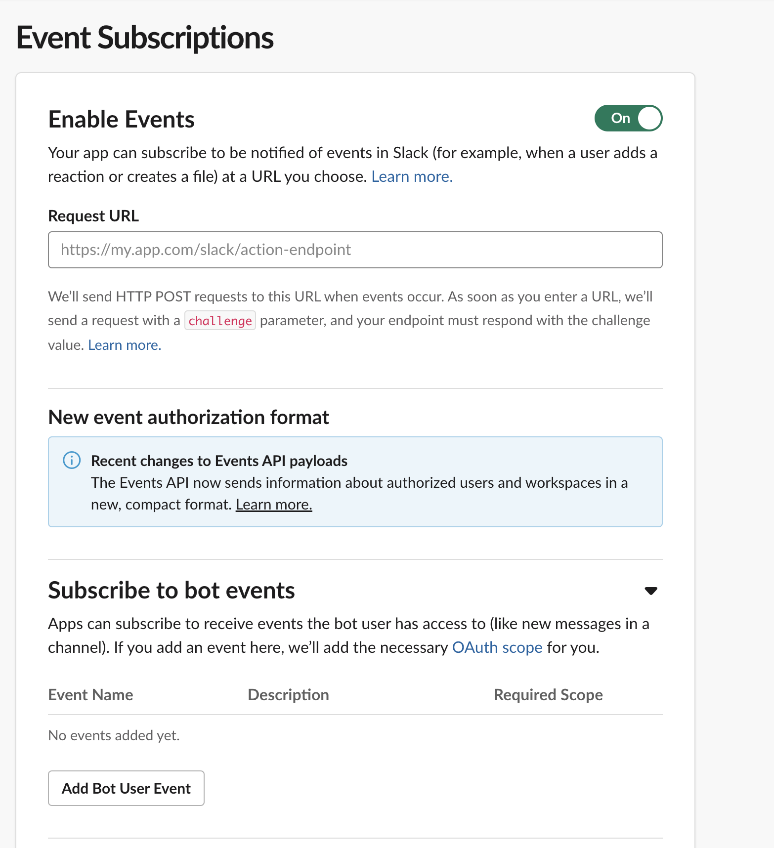 Slack app events config